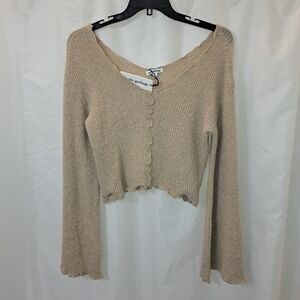 NWT Sz S Babydoll, Bell Sleeves Scalloped Edge Cropped Beige Sweater Boho